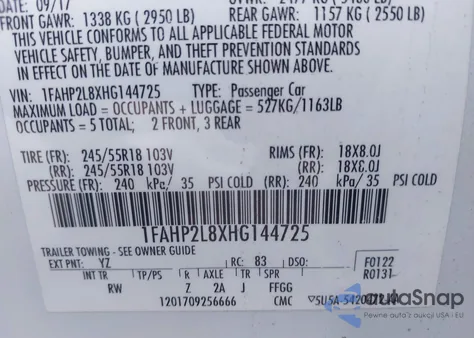 2017 Ford Police Interceptor z USA, uszkodzony, nr VIN 1FAHP2L8XHG144725